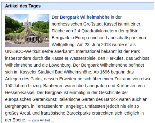 »Bergpark Wilhelmshöhe« ist der „Wikipedia-Artikel des Tages“ am 21.08.2017