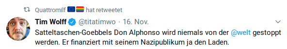 Satteltaschen-Goebbels Don Alphonso wird niemals von der @welt gestoppt werden. Er finanziert mit seinem Nazipublikum ja den Laden.