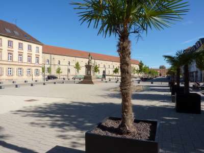 Ein großer Platz in hellem Naturstein, ein kleiner Brunnen, rote Ziegeln auf Gebäuden mit Innenhöfen und eine Palme davor: So präsentiert sich der Paradeplatz in Germersheim dem Besucher.