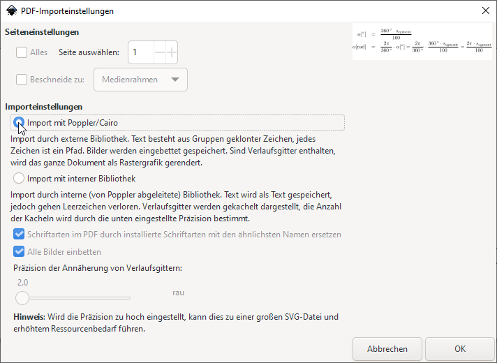 PDF-Import-Dialog von Inkscape 1.2